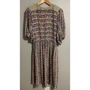 Vintage Castleberry Studio Dress Womens 10 Geometric Puff Sleeve Fit Flare 80s
